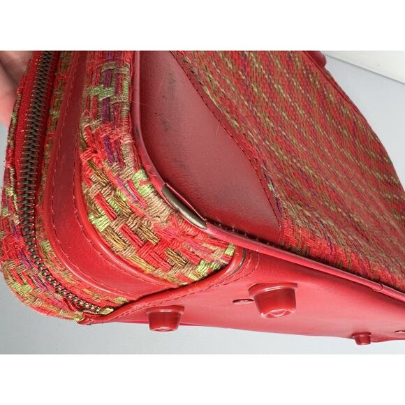Vintage Suitcase Plaid Made in Japan Red Vinyl Pockets Zipper Retro Travel - Picture 8 of 16